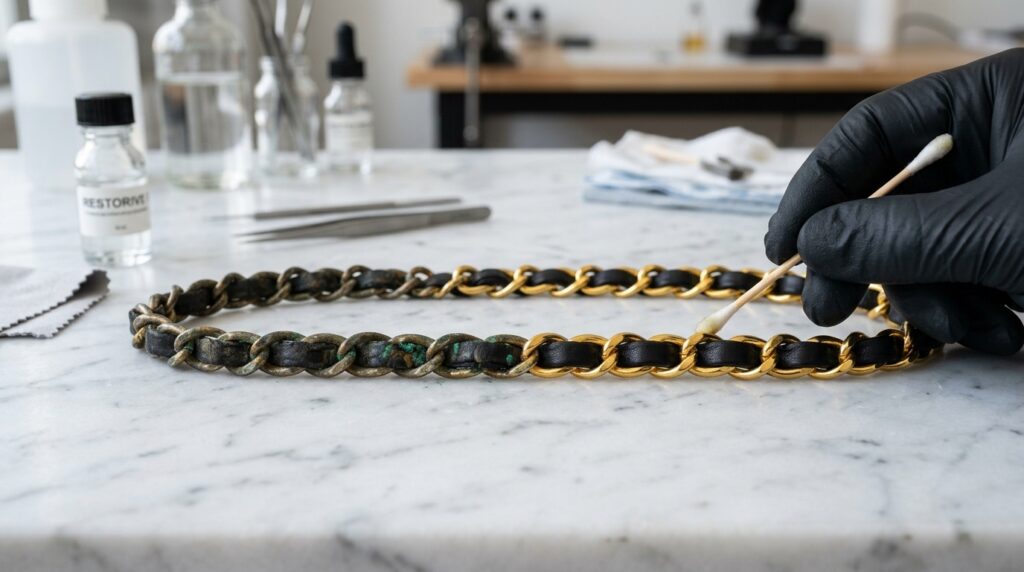 A close-up photograph capturing the meticulous before-and-after restoration of a tarnished gold designer handbag chain with an interwoven leather strip on a white marble workshop table.