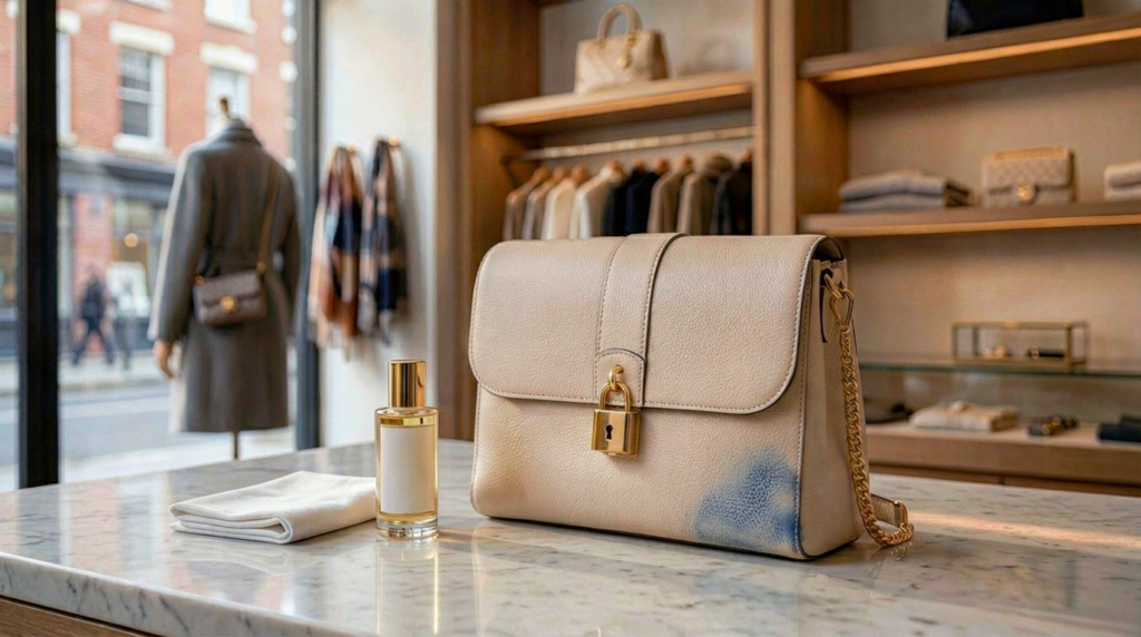 Cream luxury leather handbag with a blue denim stain on a marble counter next to a cleaning bottle and cloth