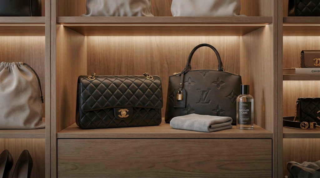 Luxury leather care for Chanel and Louis Vuitton bags on a closet shelf