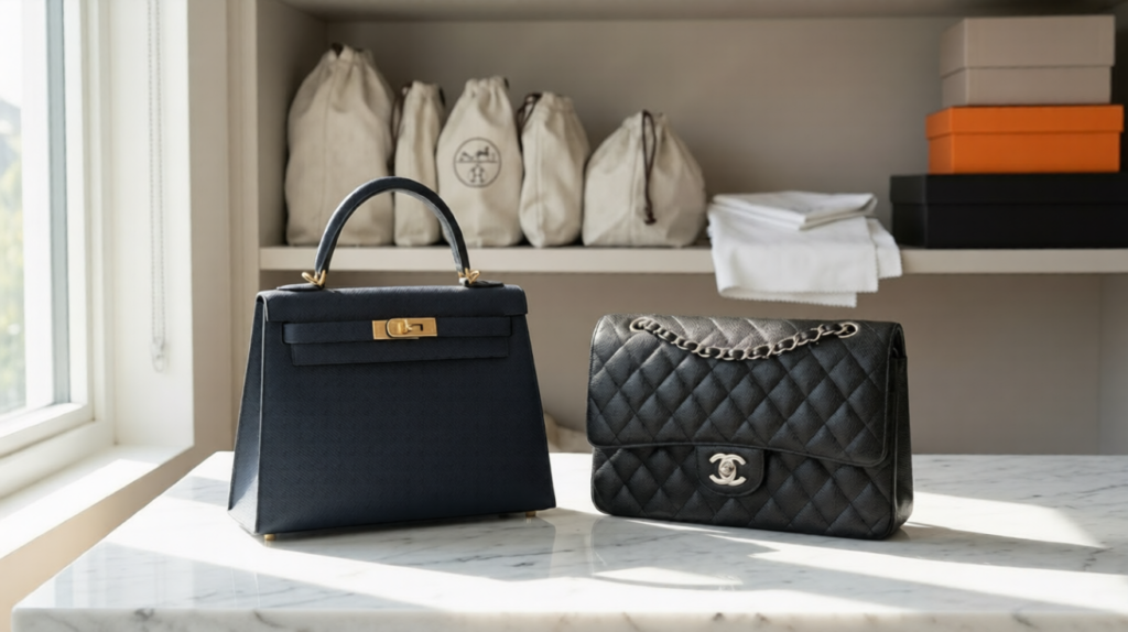 Black luxury handbags displayed on a surface with cloth dust bags in a minimalist storage setting.