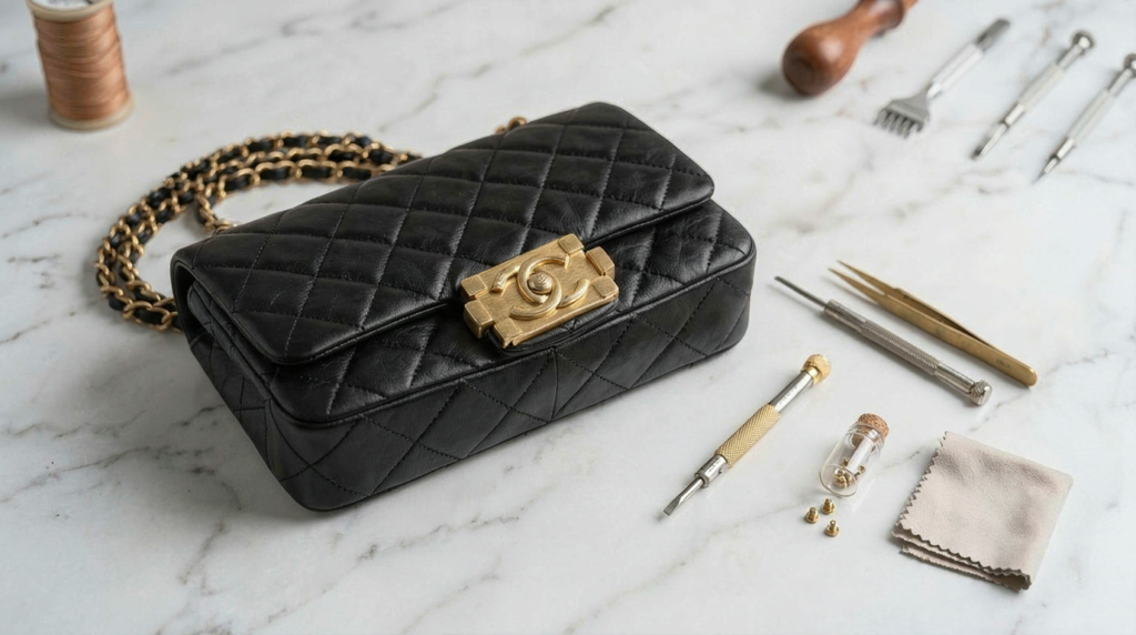 Black quilted leather luxury handbag with a gold turn-lock clasp on a marble table surrounded by precision repair tools.
