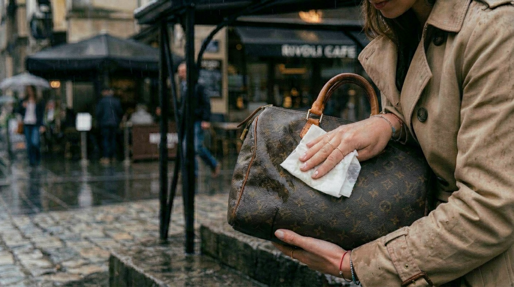 A close-up horizontal shot of a luxury leather bag being immediately blotted with white paper tissue under a cafe shelter during sudden rain.