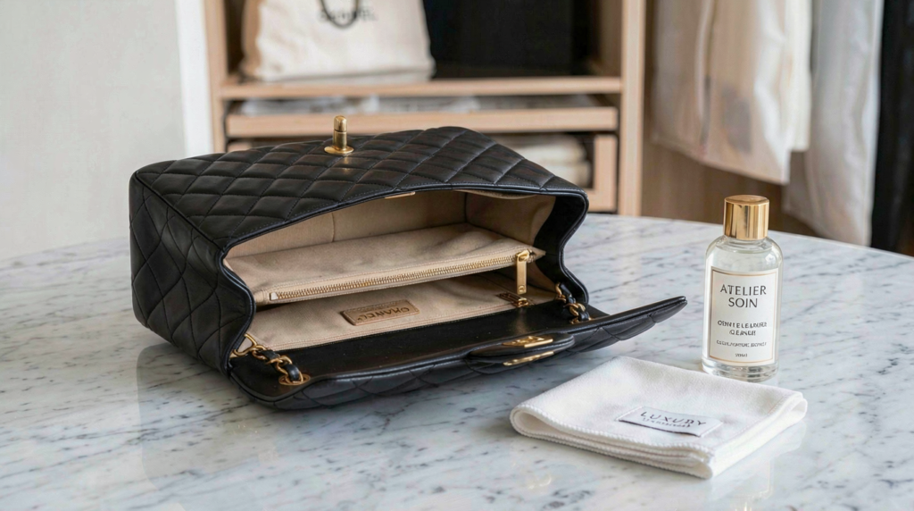 A professional setup showing how to clean handbag interior fabric linings safely on a marble surface.