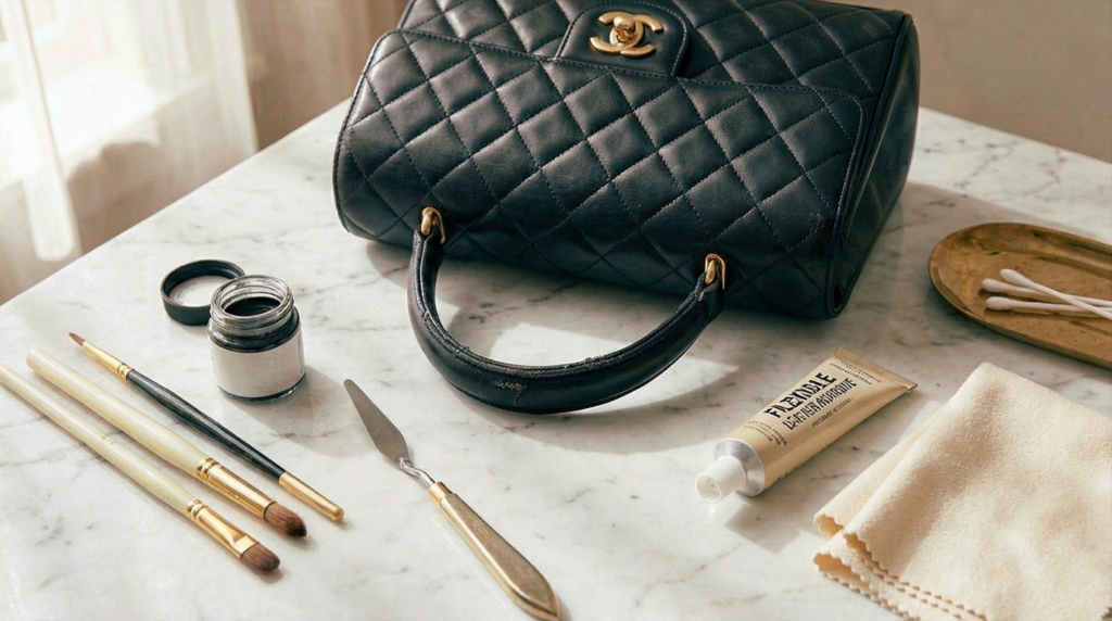 Professional tools laid out for how to fix peeling leather straps on a luxury designer handbag