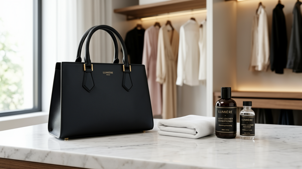 A luxury black leather handbag arranged with professional leather cleaning products and a microfiber cloth on a white marble surface.