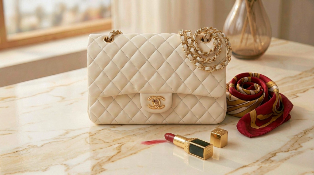 How to remove lipstick stains from a leather bag — luxury Chanel flap with lipstick smear on cream marble