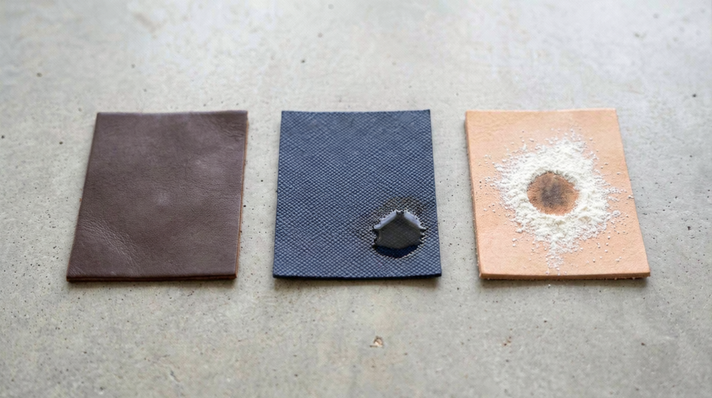 Professional featured image demonstrating the three phases of removing oil stains from luxury leather: a fresh oil drop stain, a patch treated with cornstarch powder, and a perfectly restored smooth leather surface.