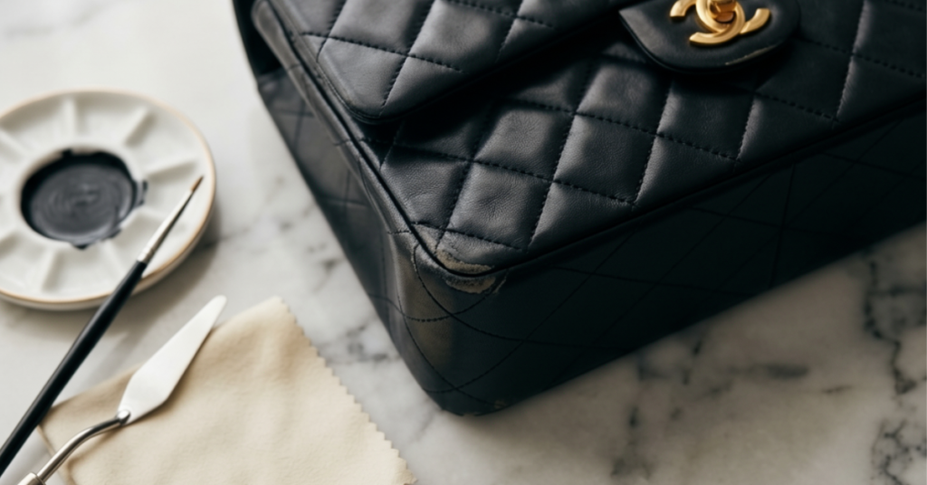 Expert restorer tools laid out for how to repair handbag corner piping on a luxury designer bag