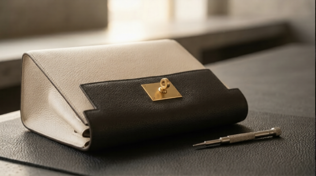 Gold turnlock hardware repair on a luxury leather handbag flap