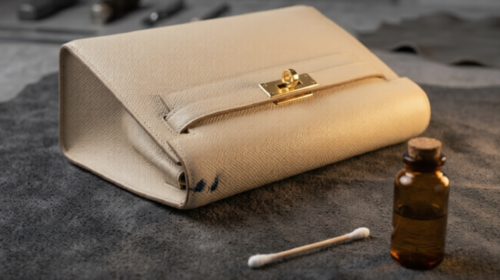 Luxury leather handbag with an ink stain being treated using a cotton swab and solvent bottle