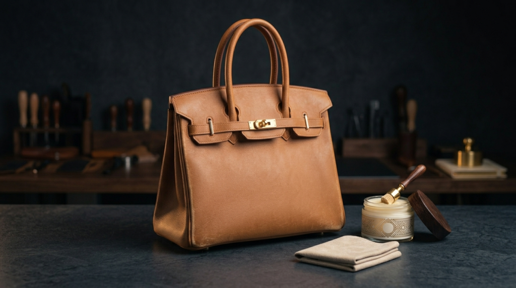 How to soften leather bag guide showing a stiff designer handbag next to a jar of leather conditioner