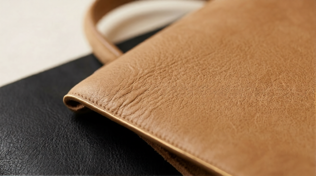 Close-up of uncoated full-grain aniline leather showing natural grain and a water droplet absorbing into the surface