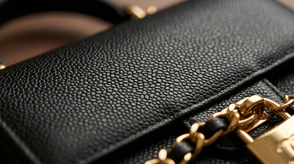 Close-up of black Chanel Caviar leather handbag showing pebbled texture and gold hardware