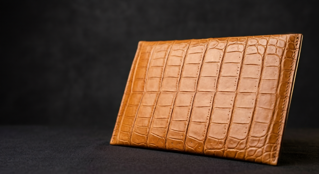 Macro view of genuine Porosus crocodile leather handbag showing square scale pattern and natural pore pits