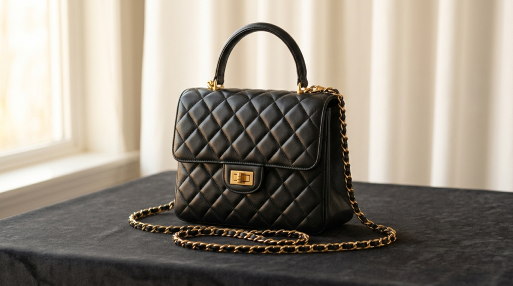 Close-up of a quilted lambskin leather luxury handbag showing its fine, soft grain texture.