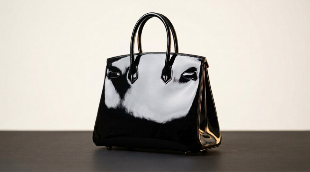 Glossy black patent leather handbag showing high-gloss polyurethane coating reflection