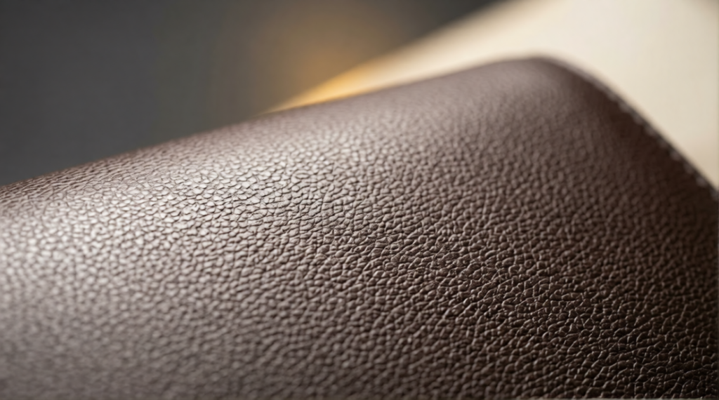 Close-up of PU leather handbag surface showing embossed grain and polyurethane coating texture