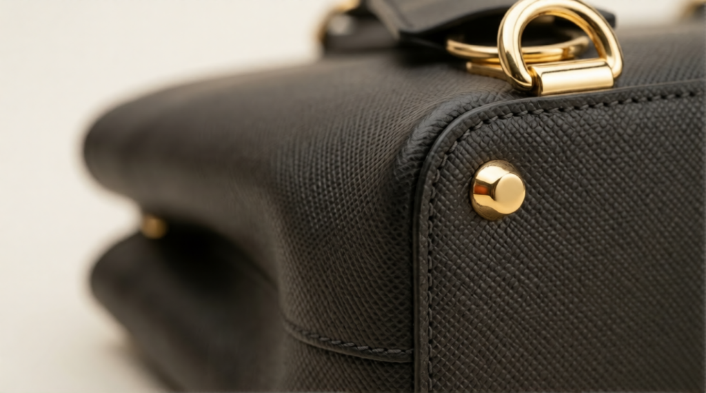 Close-up of a saffiano leather handbag showing diagonal crosshatch texture and wax finish
