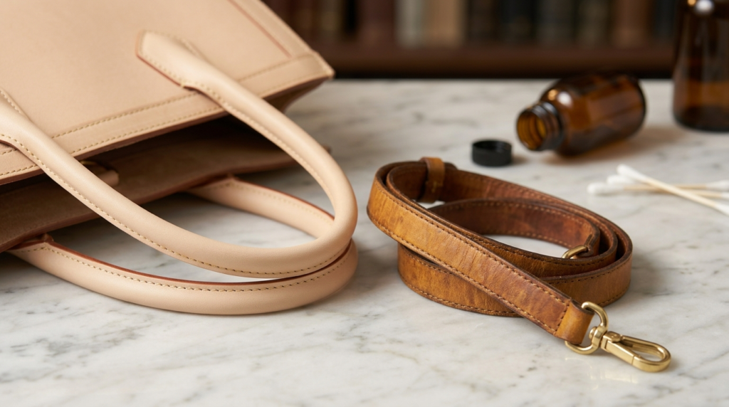 Pristine pale blonde Vachetta leather handle next to an aged golden patina leather strap on a luxury handbag