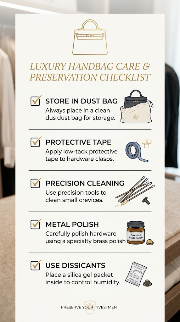 Summary checklist for how to clean rust off handbag rivets safely