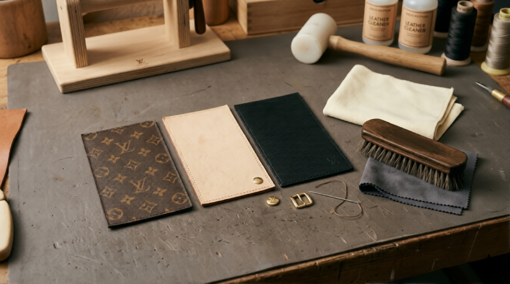 How to care for Louis Vuitton bag — monogram canvas, Vachetta leather, and Epi leather materials on a repair workbench