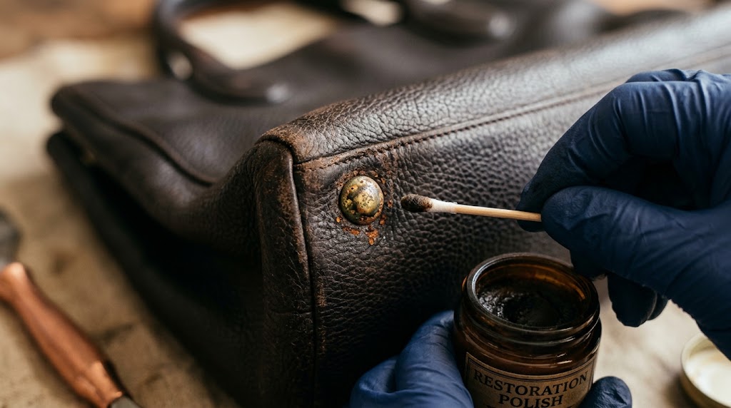 How to clean rust off handbag rivets using painter's tape and precision polish