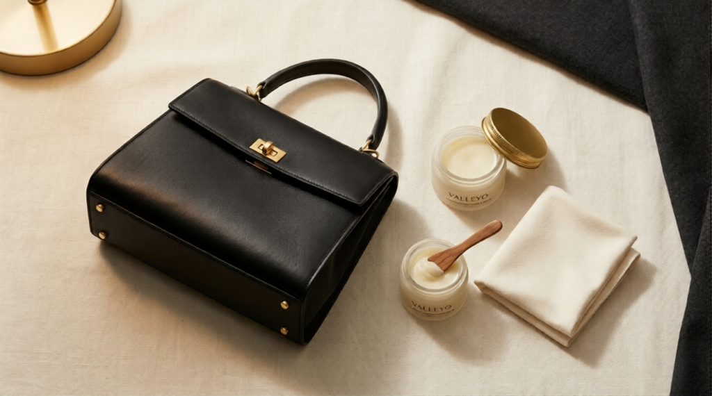 How to condition a leather bag — leather conditioner balm and microfiber cloth beside a calfskin handbag
