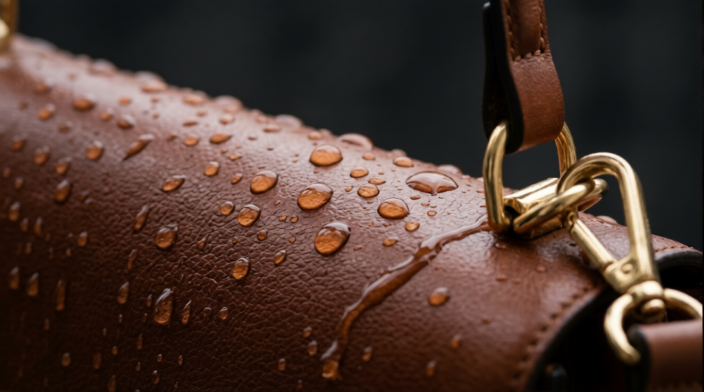Raindrops beading off a waterproofed leather handbag surface