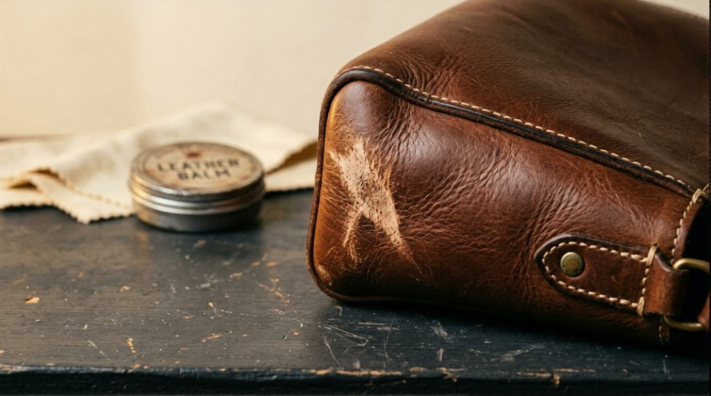 Close-up of a scuffed luxury leather handbag corner being assessed for scuff repair