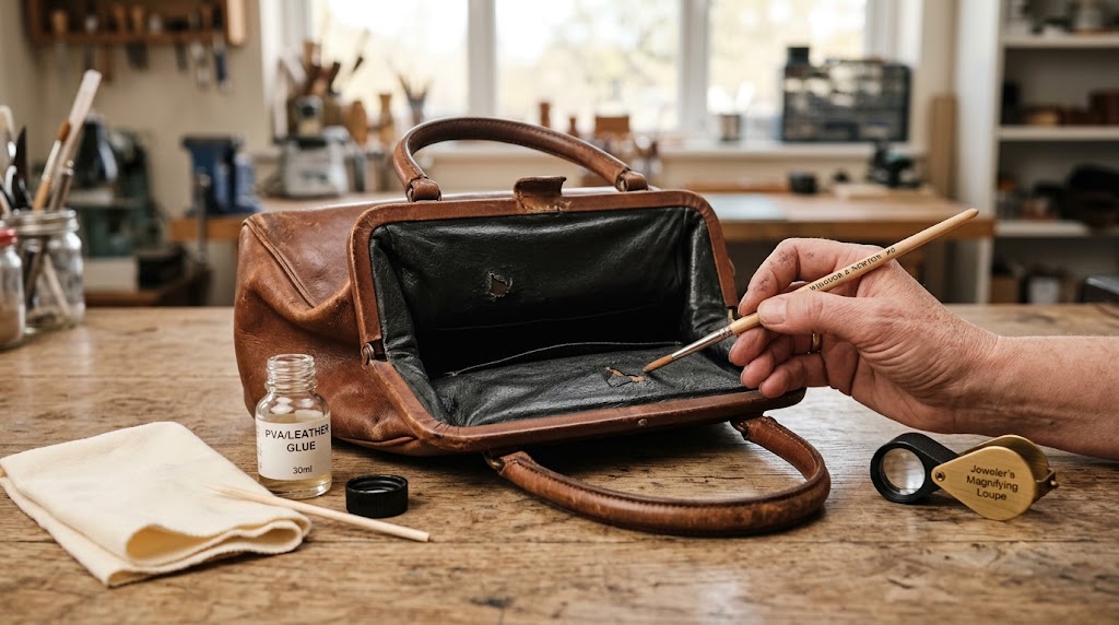 How to Repair Peeling Inside Lining of Vintage Purse — conservator bench view of flaking interior