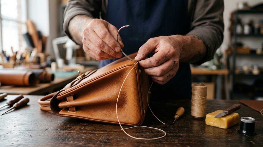 Artisan demonstrating how to restitch handbag seams by hand on a luxury leather bag