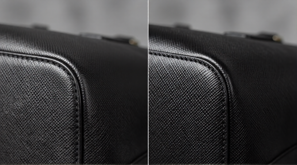 Prada Saffiano corner scuff repair — before and after corner restoration