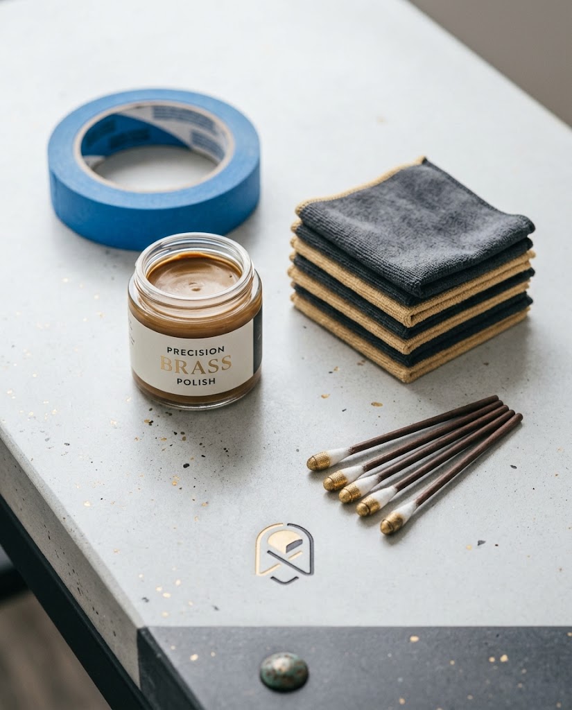 Approved tools for how to clean rust off handbag rivets laid out on a workbench