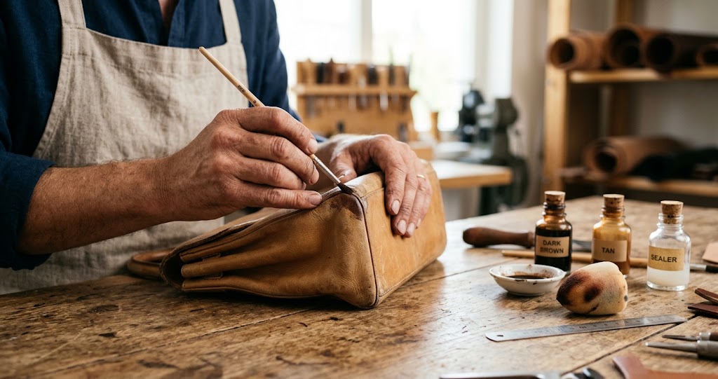 Artisan demonstrating how to re-dye worn leather corners on a luxury handbag