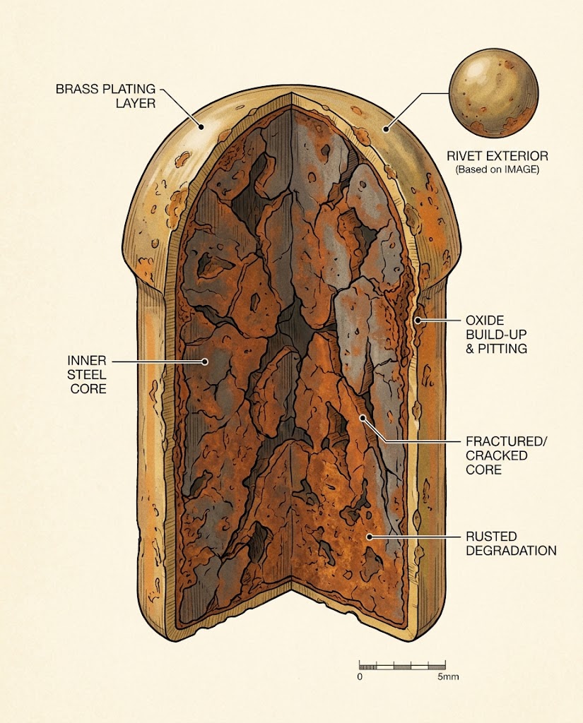 Cross-section diagram showing how to clean rust off handbag rivets with steel core exposed